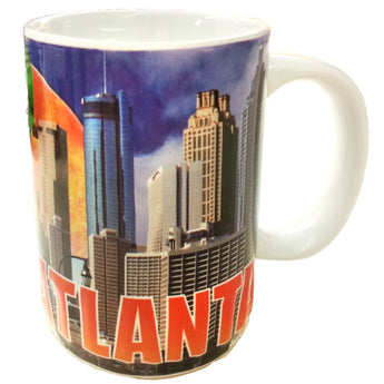 Atlanta Georgia blue mug with city skyline and gaint peach in backround 